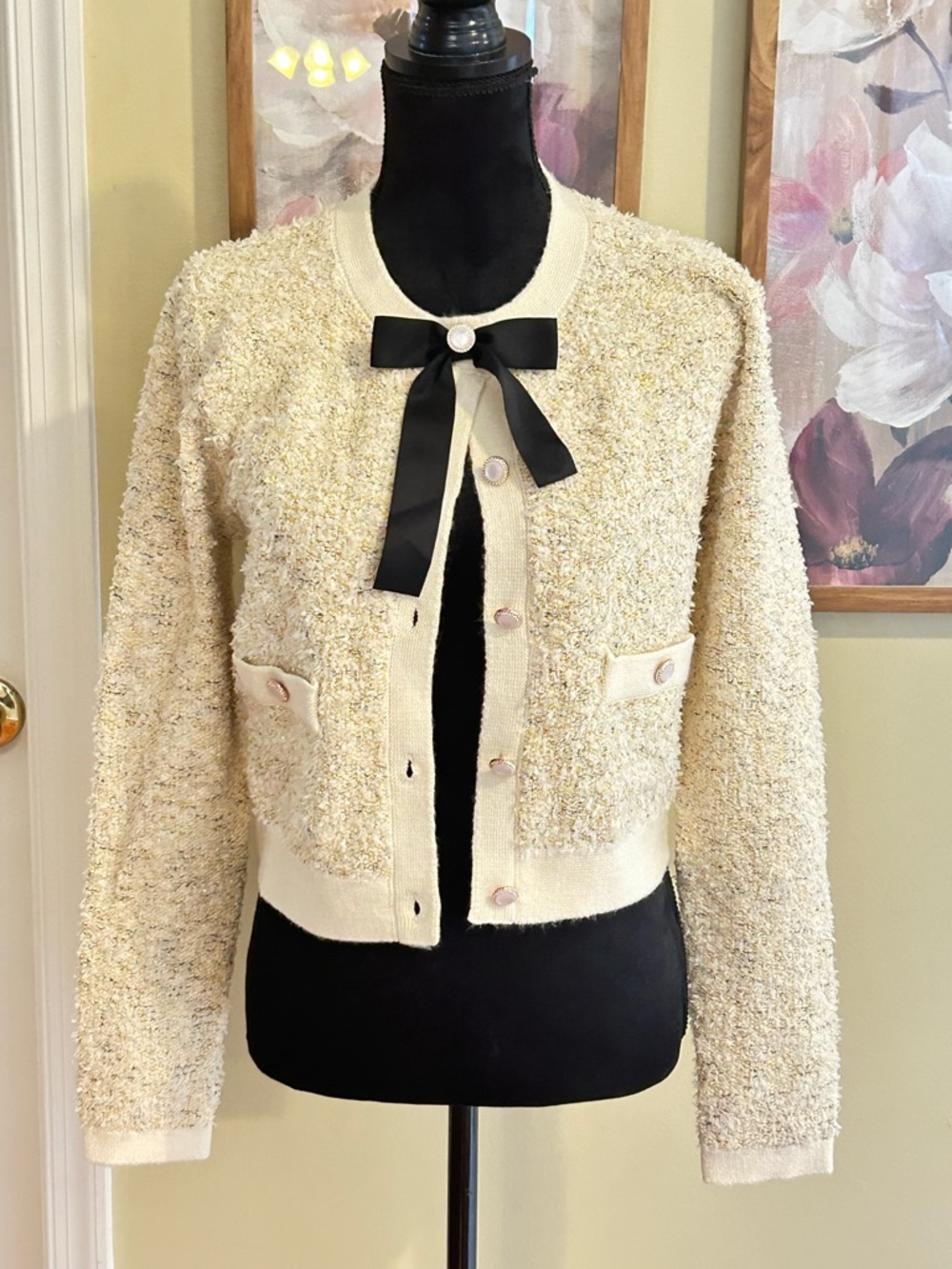 Cream Teddy Bouclé Cropped Jacket with Black Ribbon Accent